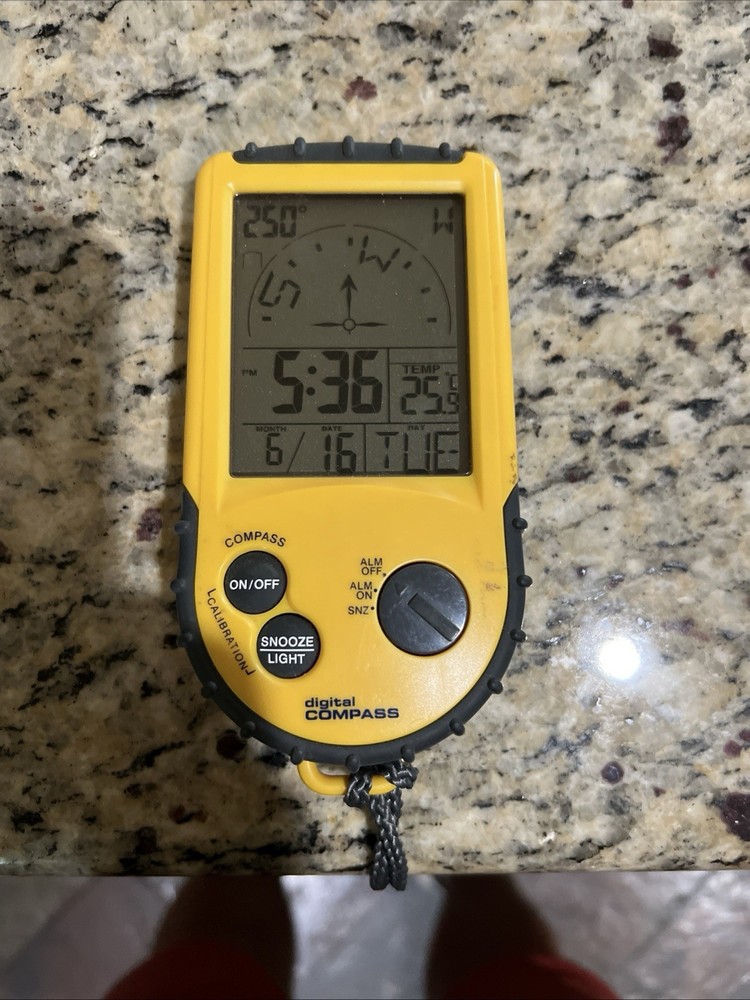 Brookstone Digital Compass With Backlight Temperature Alarm Clock Yellow