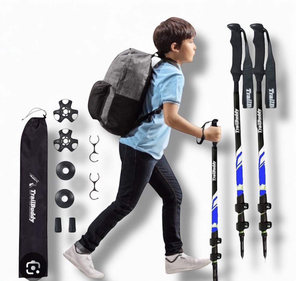 Hiking Poles, Youth Size, Entends 24″ to 40″ Blue Aluminum, Snow & Dirt + NEW !