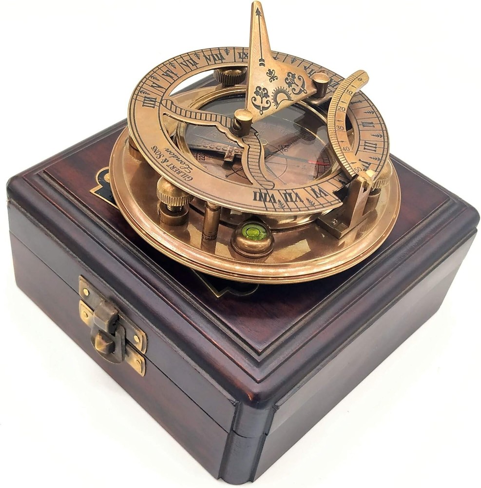 Antique Nautical Brass Sundial Compass Gilbert & Sons with Wooden Box