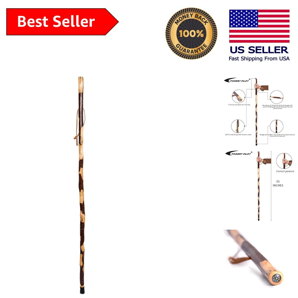 Handcrafted 55 Inch Nature Wood Hiking Stick with Comfortable Hand Strap