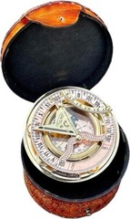 Antique Brass & Copper Sundial Compass, Sundial Clock in Leather Box Gift