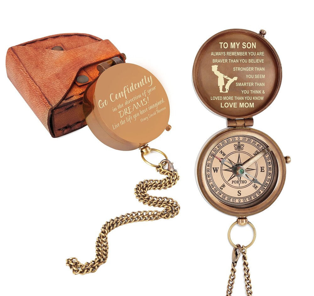 Engraved Brass Compass Gift For Son From Mom Inspirational Leather Case