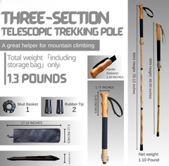 Wood Trekking Pole Hiking Walking Stick – Adjustable Folding Cane Beech Handle