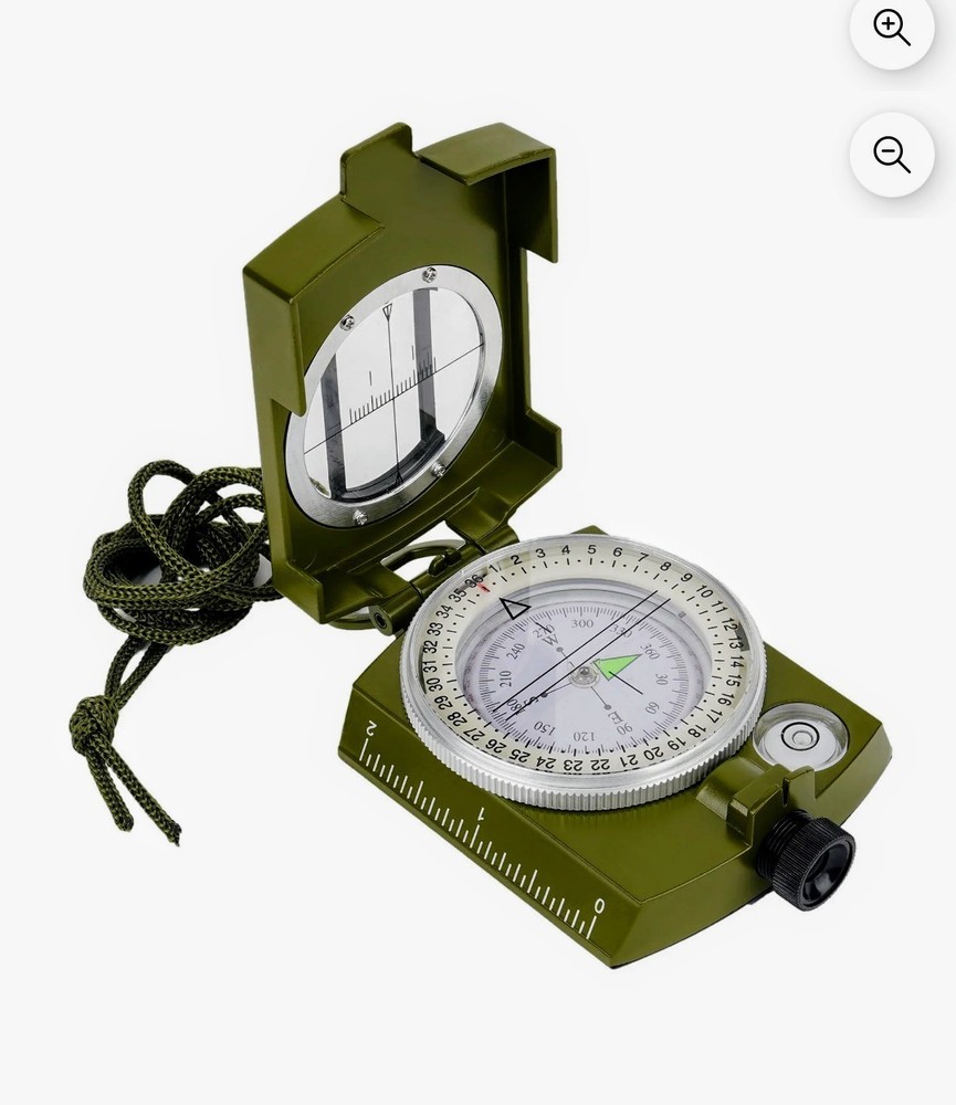 Trail Military Style Green Compass with Durable Metal Body for Nighttime Use.