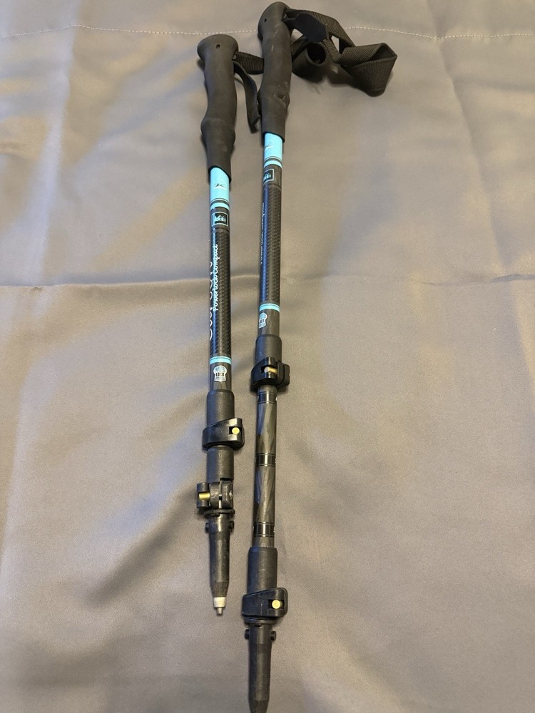 Pair Carbon Adjustable Trekking Poles Black Blue Foam Grip Wrist Straps