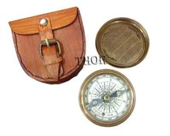 Authentic Vintage Style Brass Pocket Compass with Leather Case Rustic Vintage…
