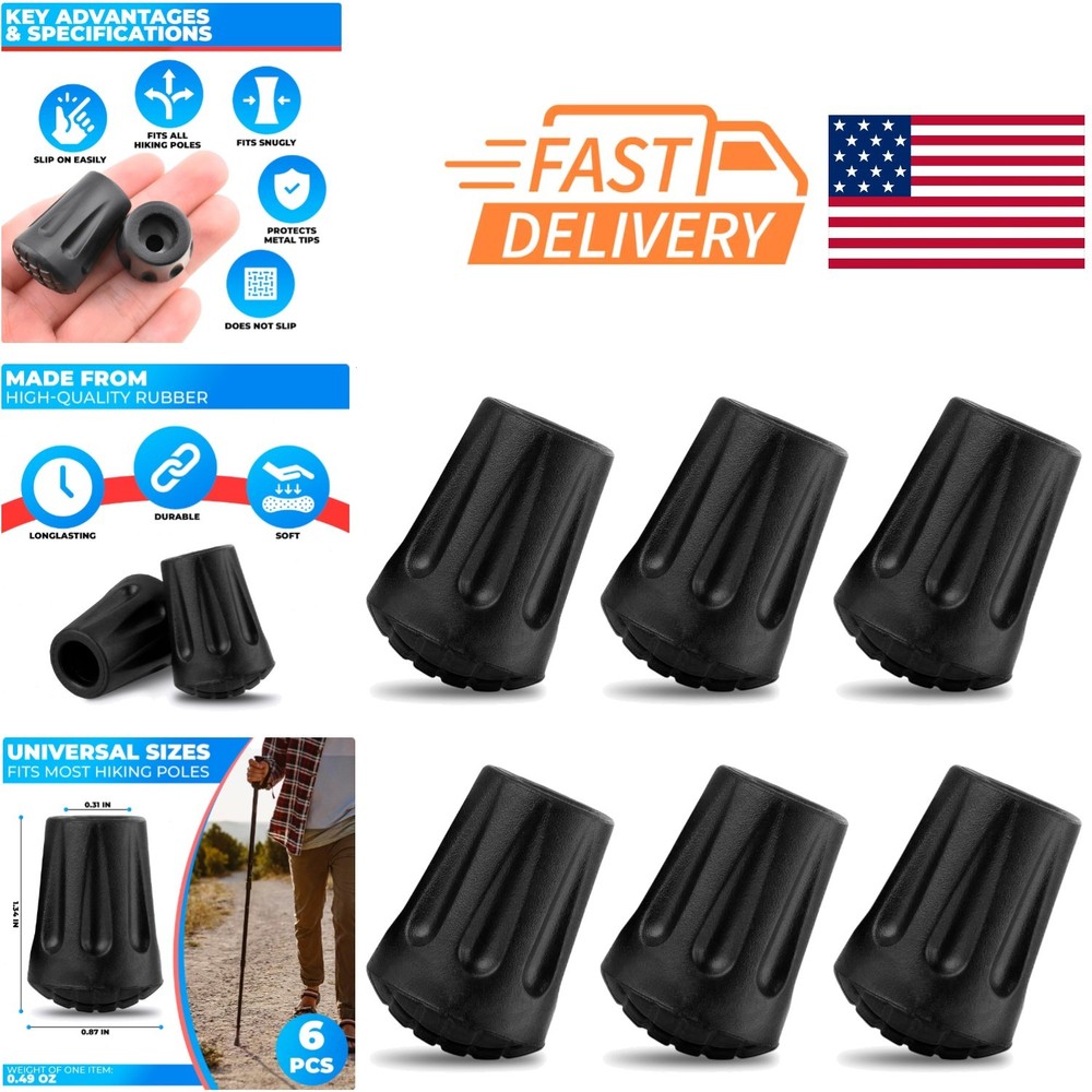 Hiking Pole Tips Replacement Set of 6 Black Rubber Tips for Walking Sticks