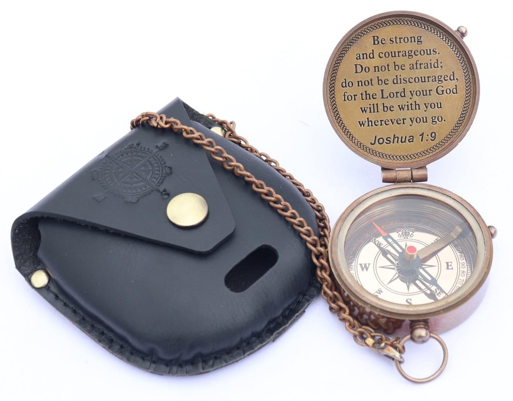 Brass Engraved Nautical Compass with Leather Case, Antique Gift for Birthday,…
