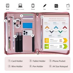 Pink PU Embossed Leather Padfolio for Women—A4 Document Holder—Zipper