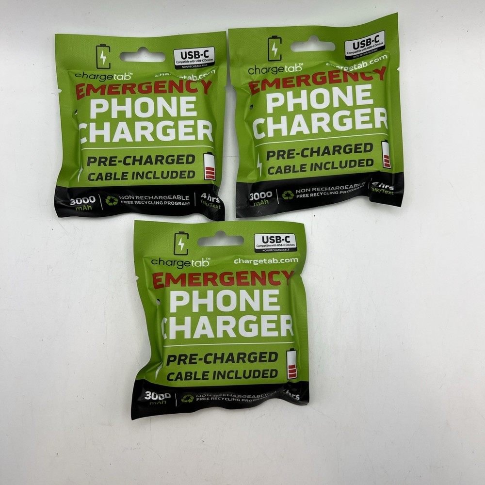 chargetab Emergency Phone Charger USB-C Pre-Charged Portable 3000mAh Lot Of 3