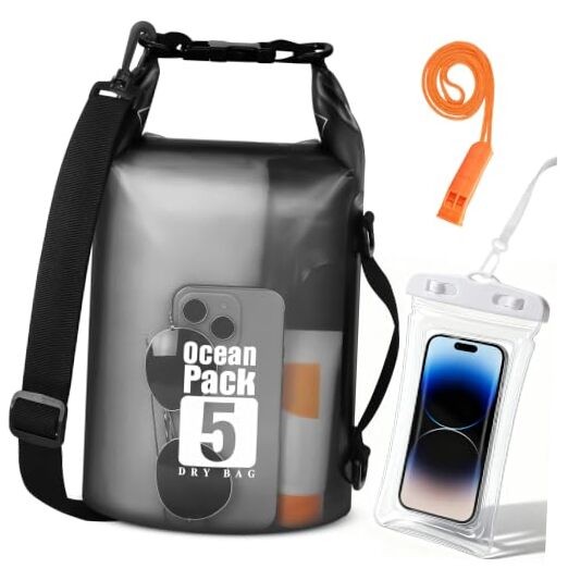 Waterproof Dry Bag – Lightweight Roll Top Dry Sack with 5L – Black
