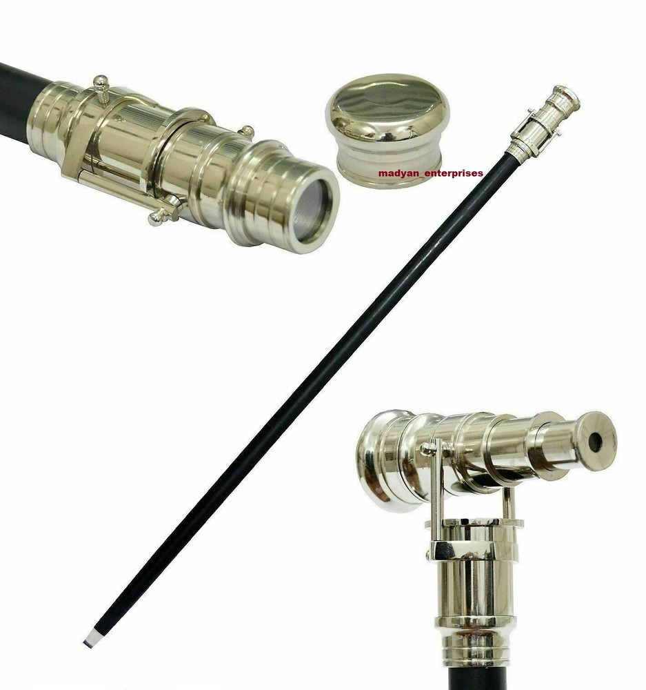 Walking Wooden Hiking Stick With Brass Spyglass Telescope Handle Vintage Gift