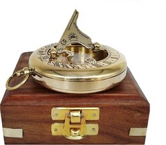 Vintage Steampunk Brass Compass Maritime With Chain With Anchor Wooden Case