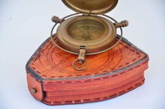 Handmade Antique Brass London Push-Button Compass with Leather Case