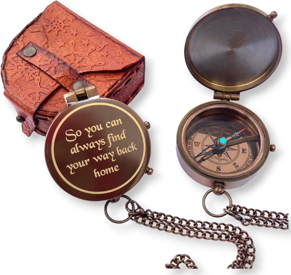 So You can Antique Brass Compass with Stamp Leather Case 2 Inches Engraved Quote