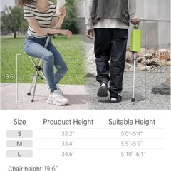 STEP2GOLD Ta-Da Chair, Portable Trekking Hiking Pole – 33.4″ Black, NOB