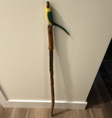 Hand Carved Wood Walking Stick Cane, Painted Green & Yellow Parrot – Jamaica