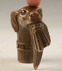 RARE VICTORIAN OLD BRONZE HAND CARVED DOG BITE BIRD STATUE WALKING STICK HEAD
