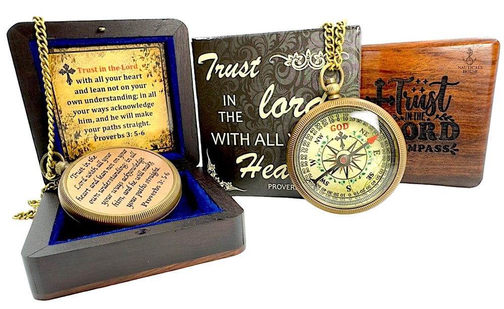 Bible Verse Brass Compass – “Trust in The Lord with All Your Heart” (Proverbs…