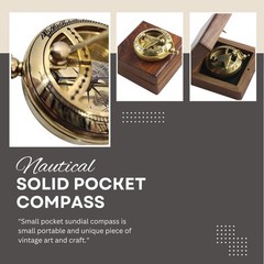 Marine Sundial Compass With Nautical Solid Wooden Box Vintage Brass Ship Navigat