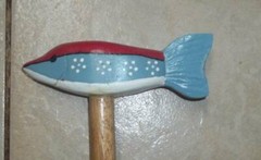 CARVED WOOD “Blue Red Fish” WALKING STICK, Cane- 34-36″L & 3/4″ Dole