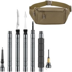 Tactical walking stick, waist bag, folding compass, whistle, knife and hook.