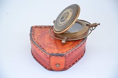 Handmade Antique Brass London Push-Button Compass with Leather Case