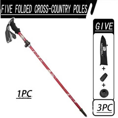 US Stock red Five section folding folding trekking pole for hiking and walking