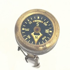 Vintage German Brass Pin to Coat Hunting Compass w/ Engraved Stag & Oak Leaves