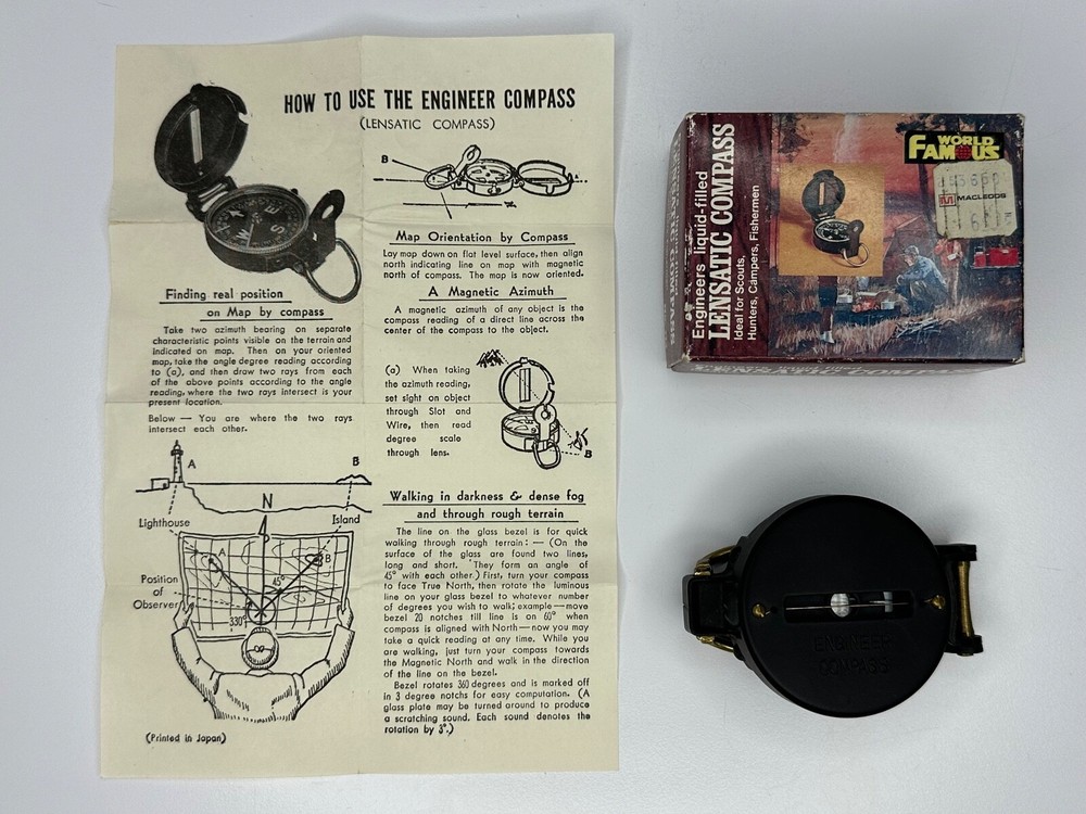Vintage WFS Engineers Lensatic Compass No. 114 w/ Box Instructions Scouts Hunter