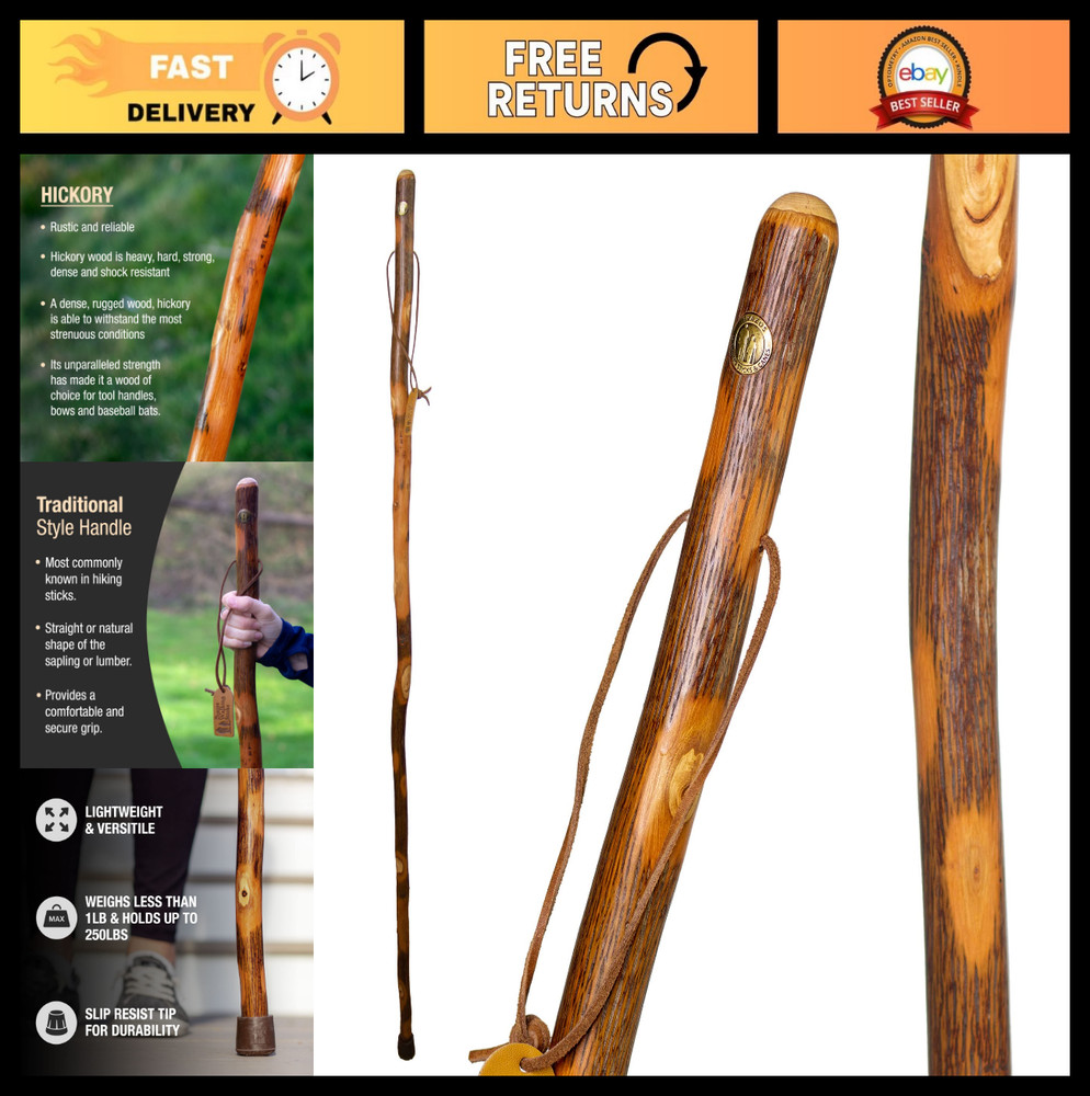 Rustic Wood Walking Stick – Hickory, Traditional Handle, Unisex, USA Made