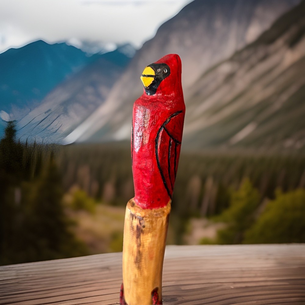 Hiking Stick with carved cardinal carved top- 50”-, paracord grip/wrist strap