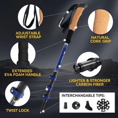 Carbon Fiber Lightweight Collapsible Trekking Poles with Cork Grip, 2 PCS