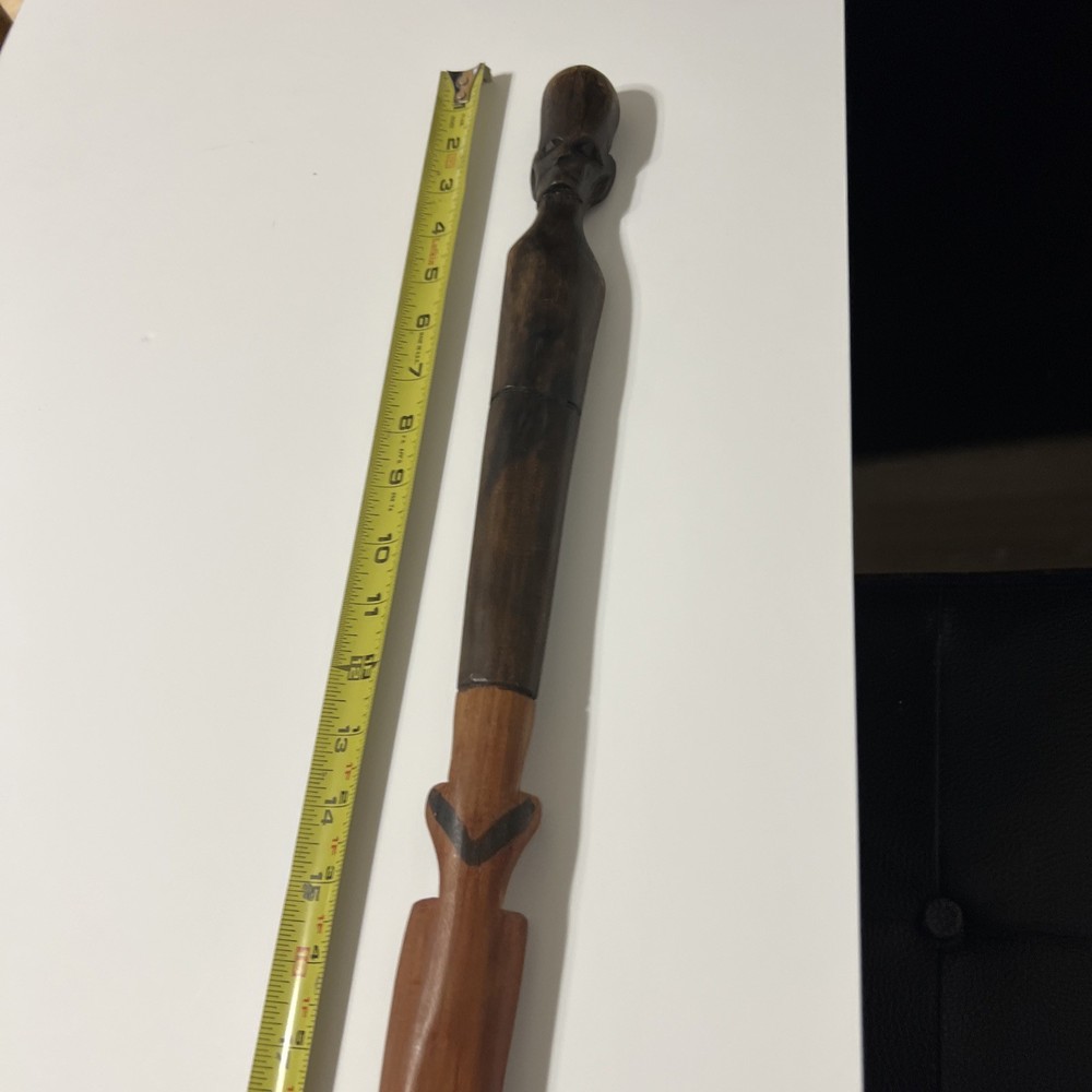 Hand Carved Wooden Hiking Stick Unique Tribal Face Design Good Condition