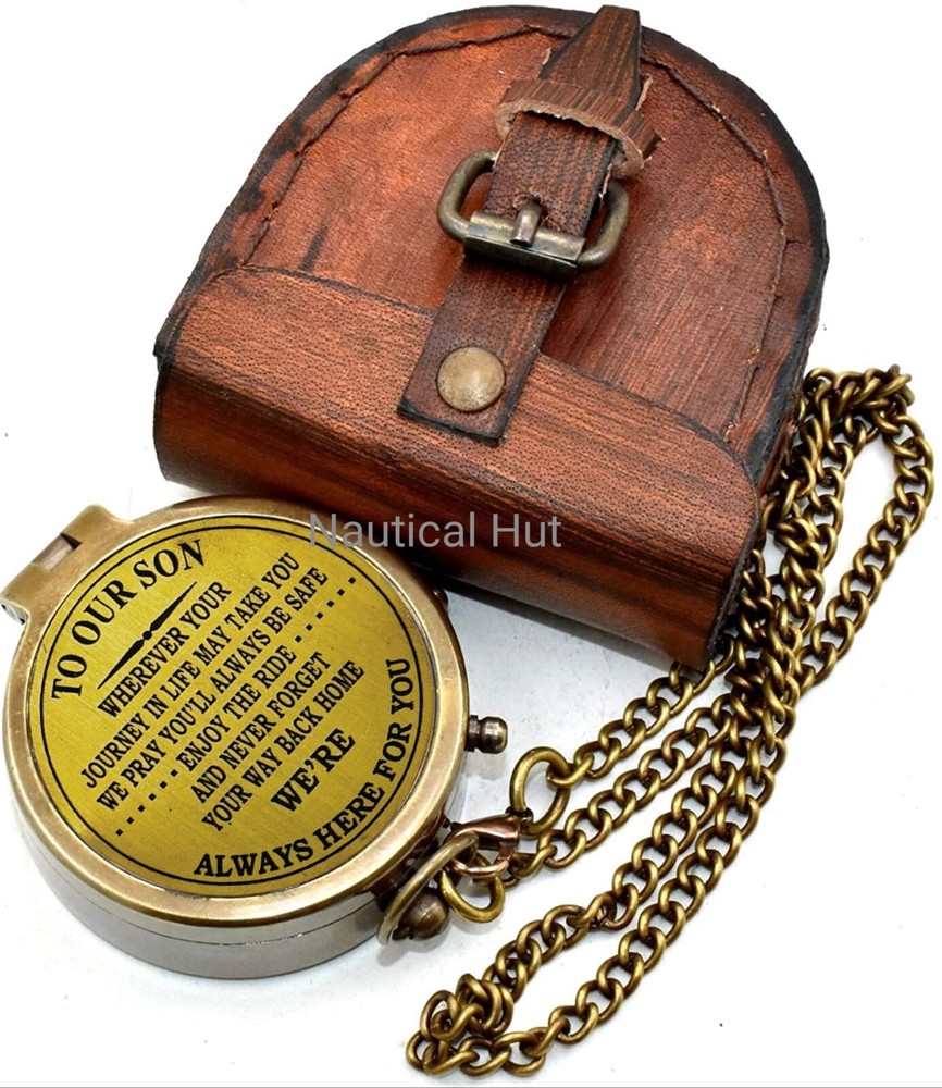 To Our Son Always Here For You Brass Antique Compass With Leather Case Gift