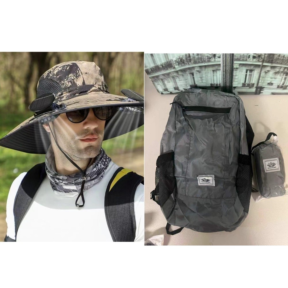 2Pcs Travel Set Waterproof Backpack + Solar USB Fan Sun Hat Adjustable