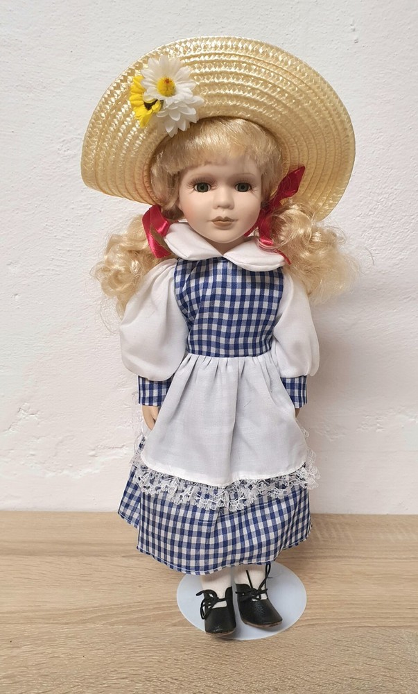 Porcelain Doll 40cm Collector Doll with Hat Dress Complete Vintage Decor