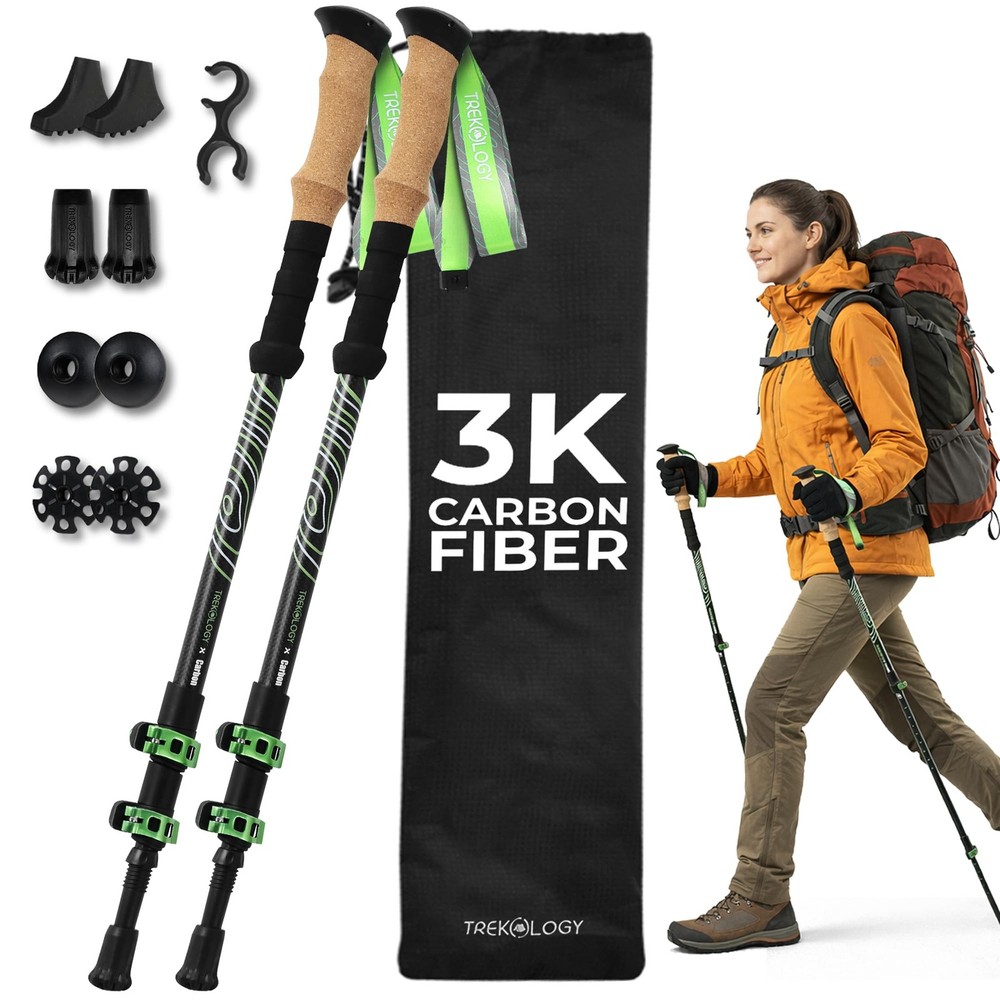 Trekology 3K Carbon 100-135cm for Height: 4’11” to 6’5″, Black with green