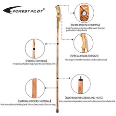 3-Pc Detachable Hardwood Walking Stick Pine Handle with Compass (Nature Color, 5