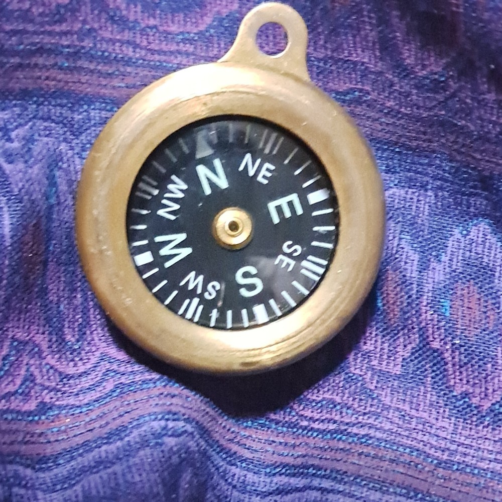 Mini Metal Button Pocket Compass Keychain w/ Loop, Gold & Black Hiking