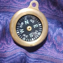 Mini Metal Button Pocket Compass Keychain w/ Loop, Gold & Black Hiking
