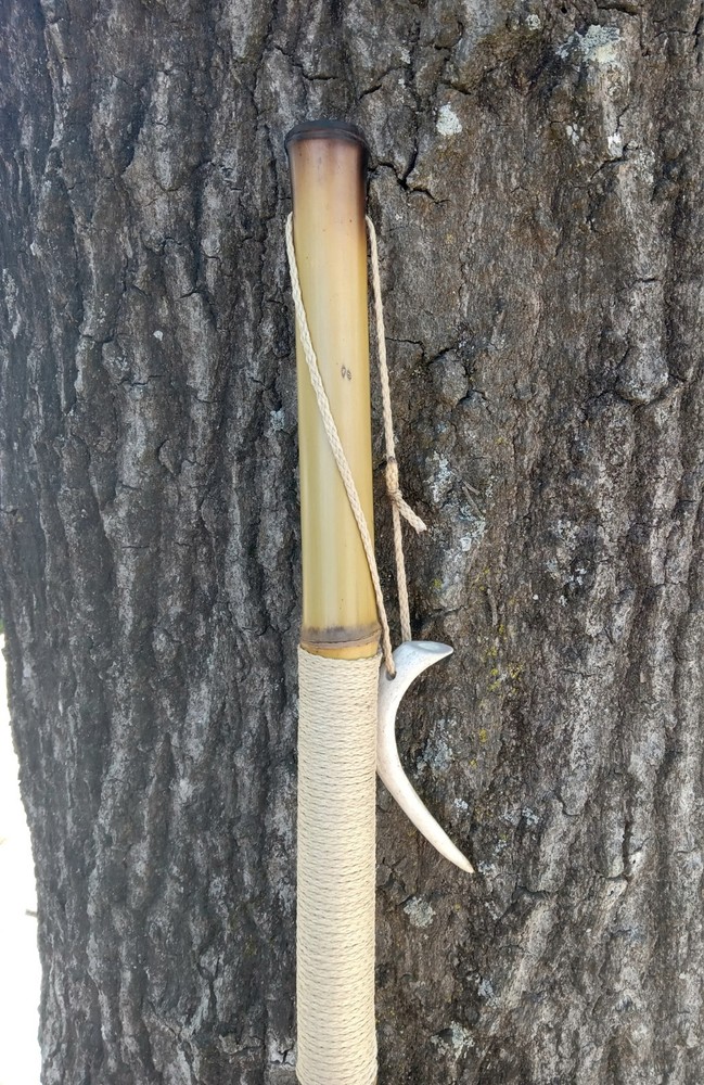 Bamboo Walking Stick Staff Hand Wrap Fire Cured Deer Antler Lanyard