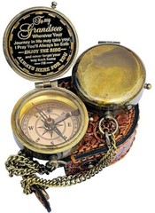 Gift for Grandson Brass Compass Engraved Quote – Memory Present to Leather Case