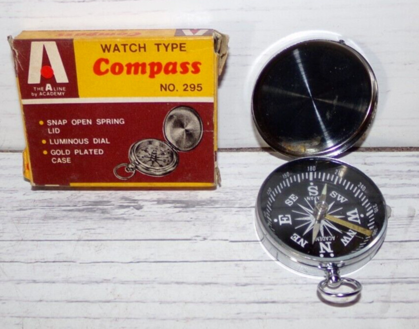 Vtg Academy Pocket Compass Hiking Fishing Hunting Japan w/ Box
