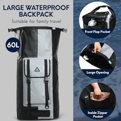 Waterproof Backpack Roll Top Dry Bag Kayak Dry Backpack IPX7 60L Black/Grey