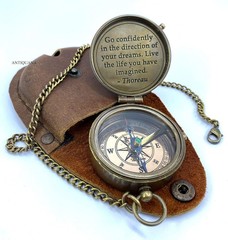 Brass Compass Unique Print Go Confidently Quote Compass With Leather Case
