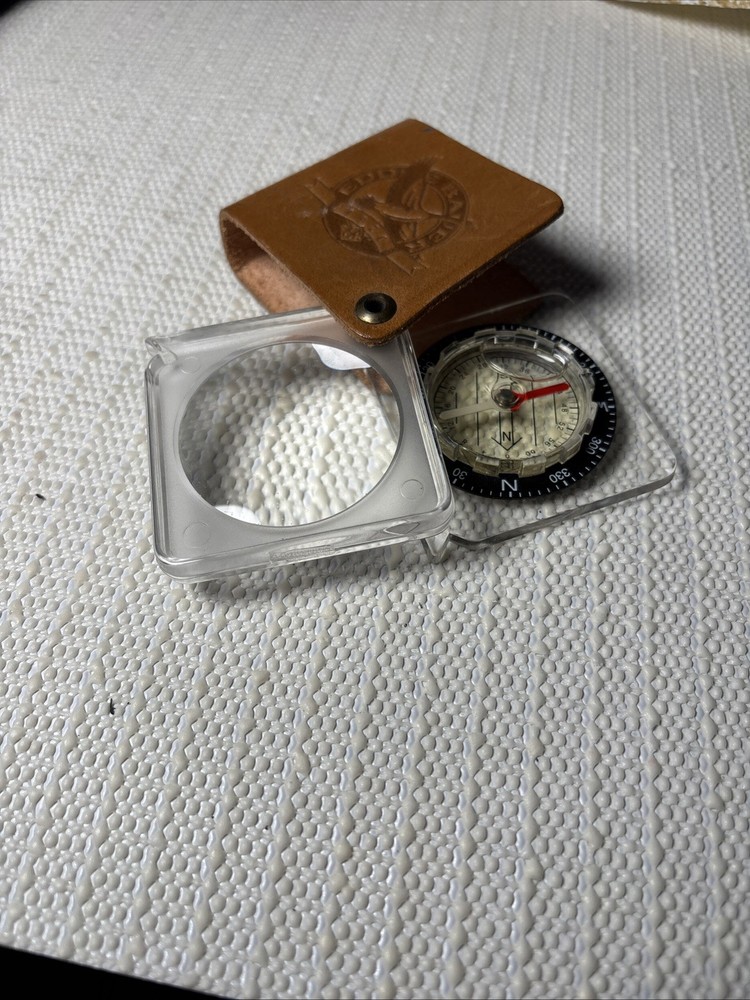 Eddie Bauer Compact Map Compass & Magnifier 2 x 2″ Leather Sheath Hiking Camping