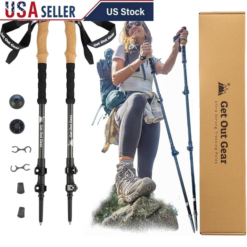 Ultra Strong Carbon Fiber Trekking Poles Adjustable Collapsible W/ EZ Flip Lock