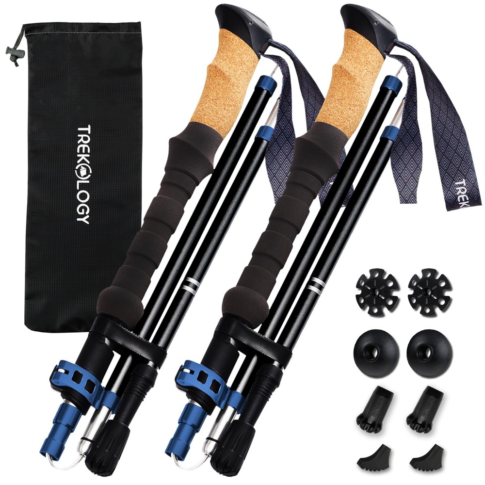 TREKOLOGY Trek-Z Cork Grip Trekking Poles – 130 cm, Black with Blue