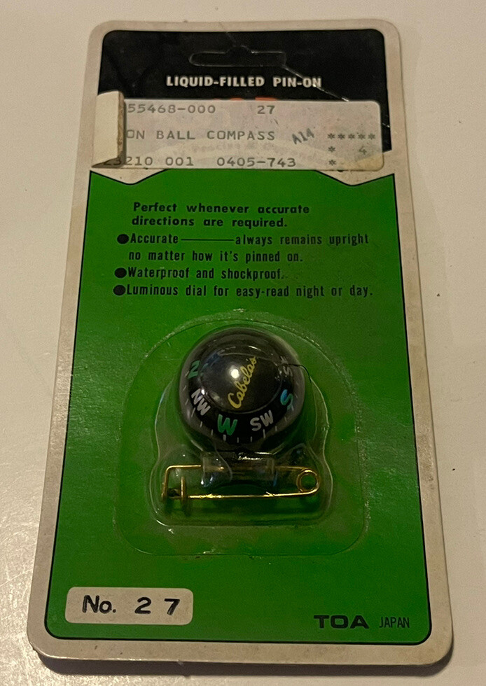Vintage TOA Cabela’s Liquid Filled Pin-on Compass #27, NOS